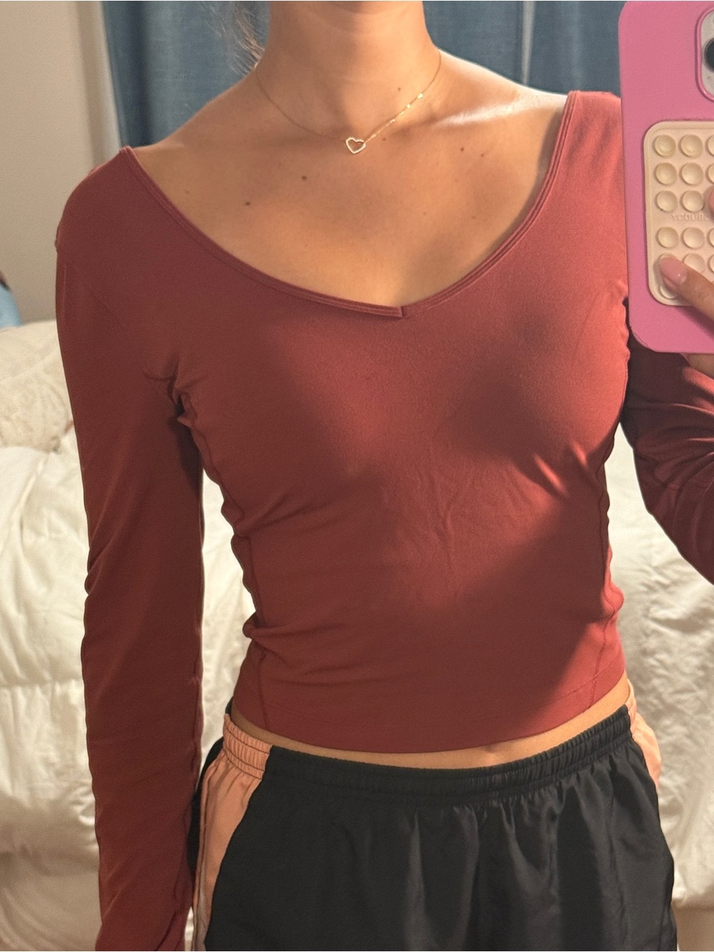 lululemon athletica Long-Sleeve V-Neck Crop Top in Rust Red